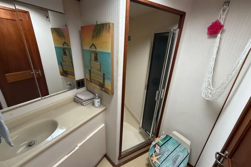 Wild Life Yacht Photos Pics Bathroom interior of 1989 Viking 45 Convertible yacht with beach-themed decor.