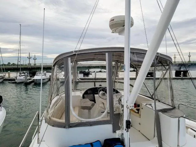 Aquavit Yacht Photos Pics 2006 Beneteau Swift Trawler 42 docked at marina, featuring enclosed helm area.