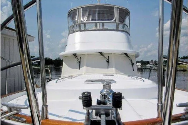 Aquavit Yacht Photos Pics 2006 Beneteau Swift Trawler 42, front deck view with clear sky background.
