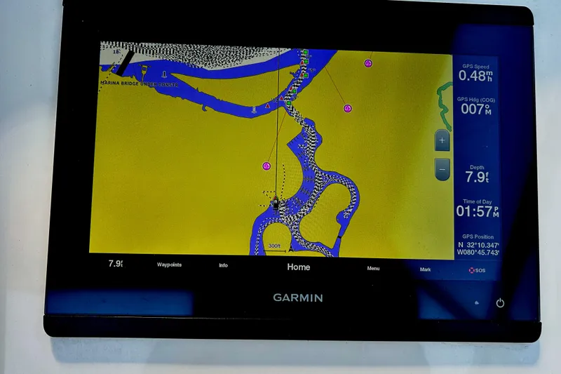  Yacht Photos Pics Garmin navigation display on 2020 Grady-White Freedom 275 boat, showing detailed waterway map.