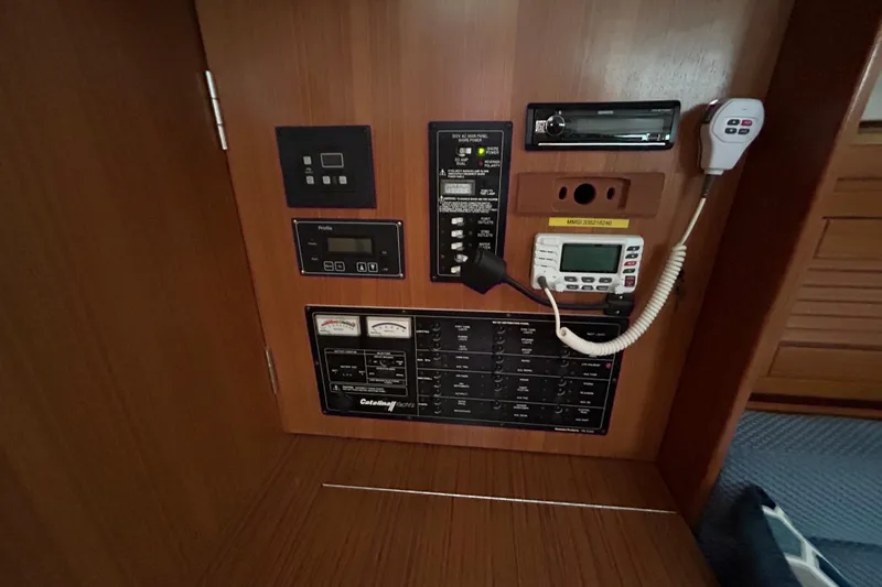  Yacht Photos Pics Control panel of a 2009 Catalina 375 yacht with various instruments and gauges.