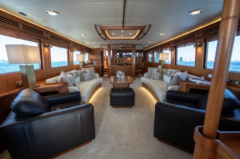 Rat Pack Yacht Photos Pics Luxurious interior of a 2011 Marlow Explorer yacht with elegant seating and ocean views.