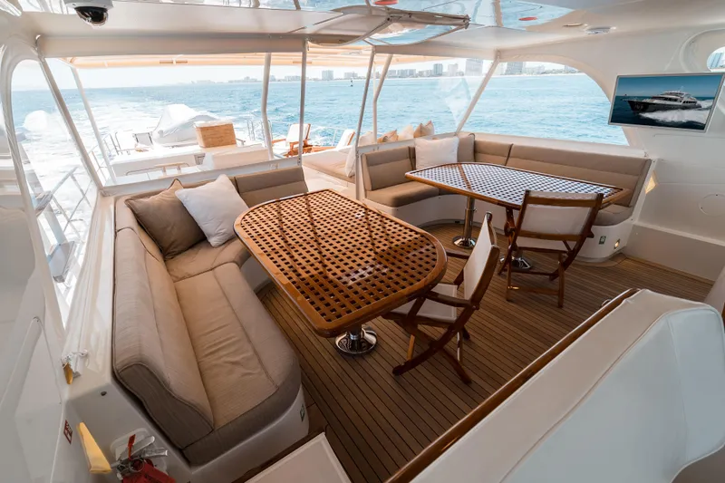 Rat Pack Yacht Photos Pics Luxurious 2011 Marlow Explorer yacht interior with elegant seating and ocean view.