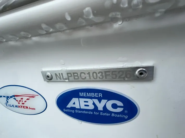  Yacht Photos Pics 2026 Tidewater 282 CC Adventure boat identification plate with ABYC membership sticker.