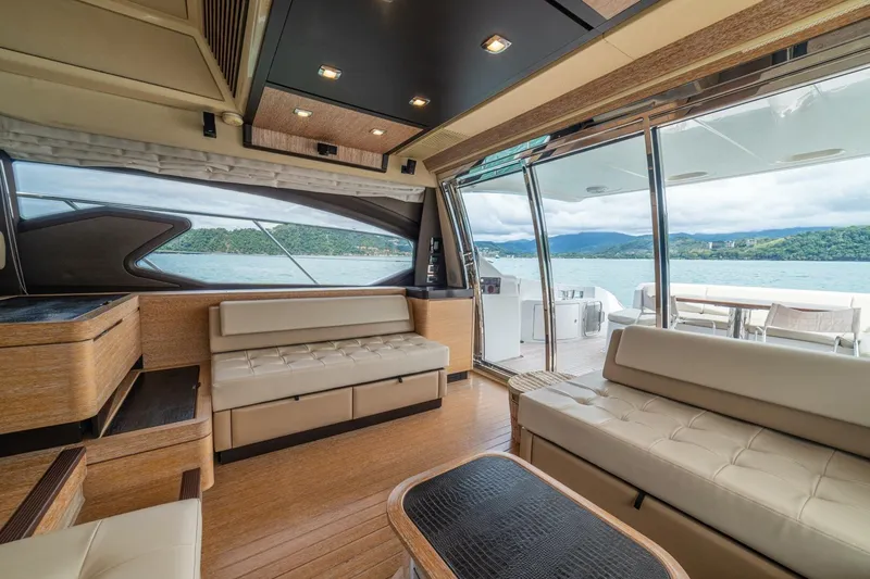 Costa Luna Yacht Photos Pics Luxurious interior of 2014 Azimut 64 yacht with scenic ocean view.