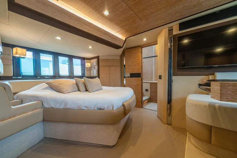 Costa Luna Yacht Photos Pics Luxurious interior of 2014 Azimut 64 yacht with elegant bedroom design.