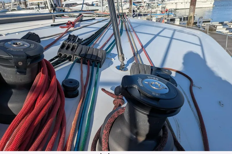  Yacht Photos Pics Deck of 2018 NEEL 51 sailboat with winches and colorful ropes in marina.
