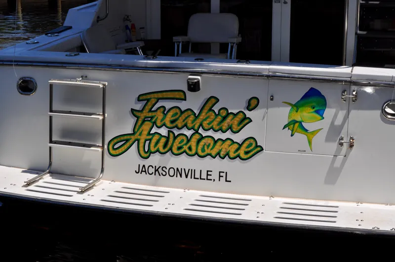 Freakin' Awesome Yacht Photos Pics Ocean Alexander 42 Sedan boat with "Freakin' Awesome" text, Jacksonville, FL, 1990 model.