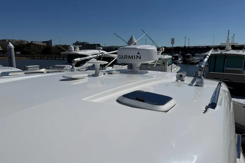 Bon Voyage Yacht Photos Pics 2019 Pursuit OS 355 Offshore boat with Garmin radar at marina.