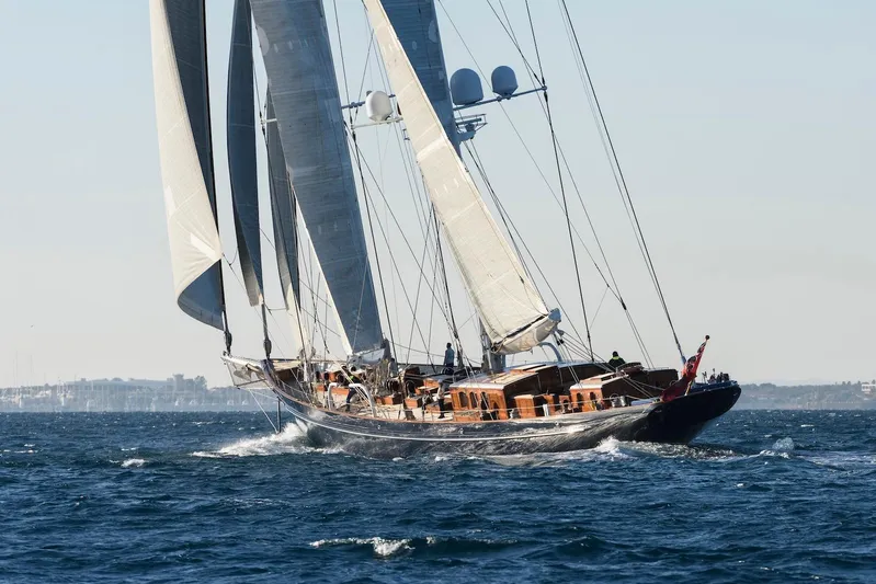 Meteor Yacht Photos Pics Royal Huisman 2007 schooner sailing on open sea with full sails.