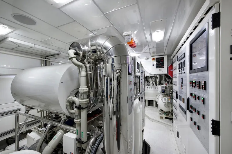 Meteor Yacht Photos Pics Engine room of 2007 Royal Huisman Schooner, featuring advanced control panels and machinery.