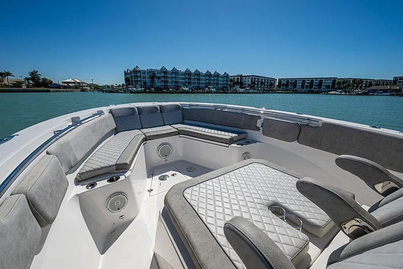  Yacht Photos Pics Luxurious seating on 2018 Sea Fox 328 Commander boat with waterfront view.