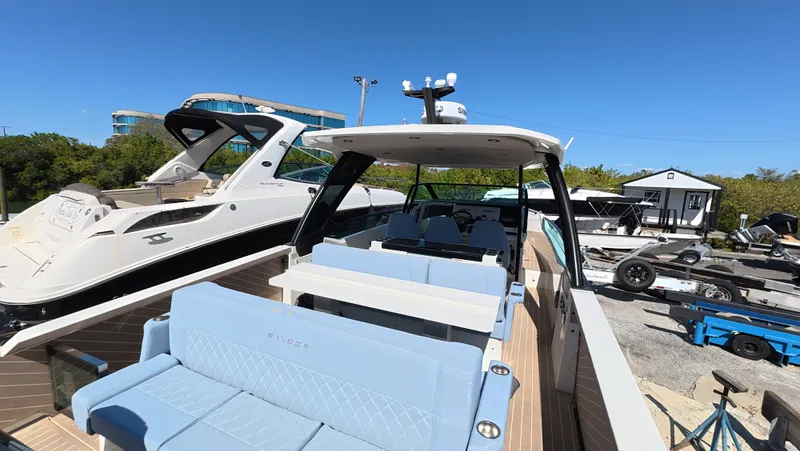 Trasea Yacht Photos Pics Saxdor SX 320 GTO 2025 on a boat deck under sunny skies.