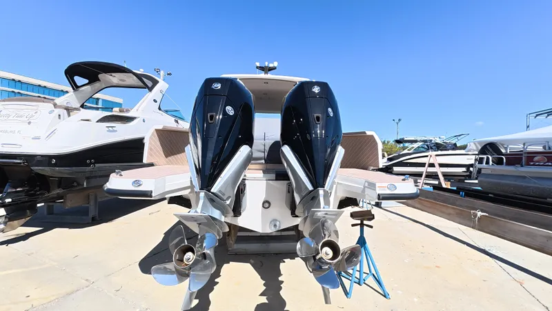 Trasea Yacht Photos Pics Saxdor SX 320 GTO 2025 with dual engines on a boat deck.
