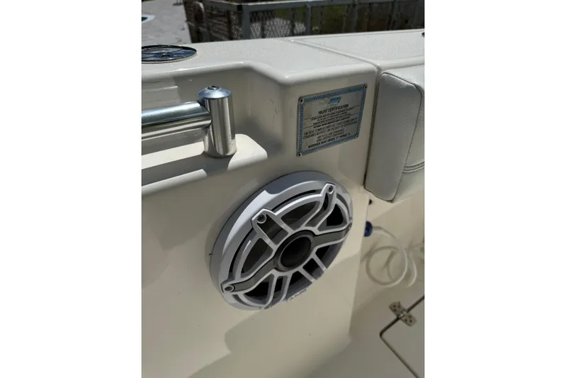  Yacht Photos Pics 2024 Cobia 280 Center Console boat speaker and certification plate detail.