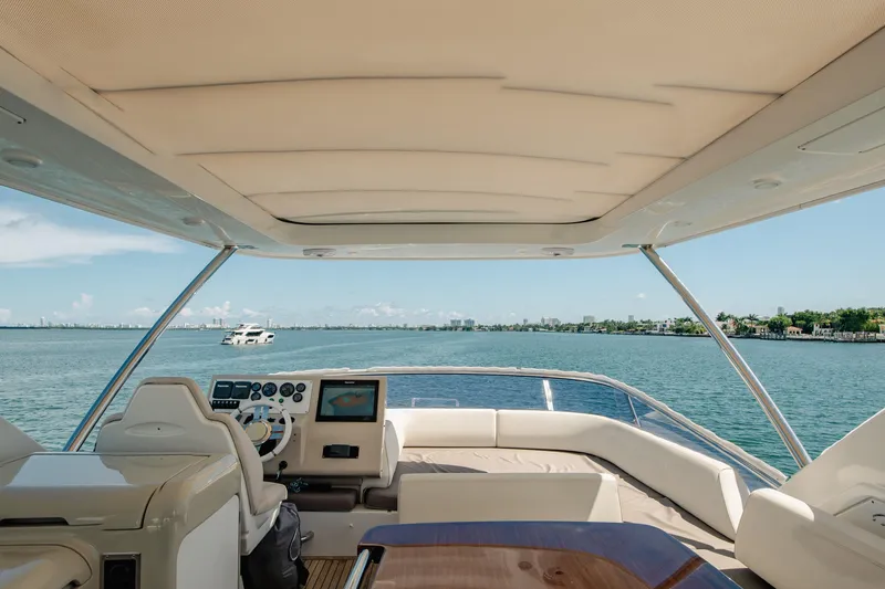Prime Time II Yacht Photos Pics Flybridge view from 2016 Azimut 64 yacht, overlooking serene waters and distant shoreline.