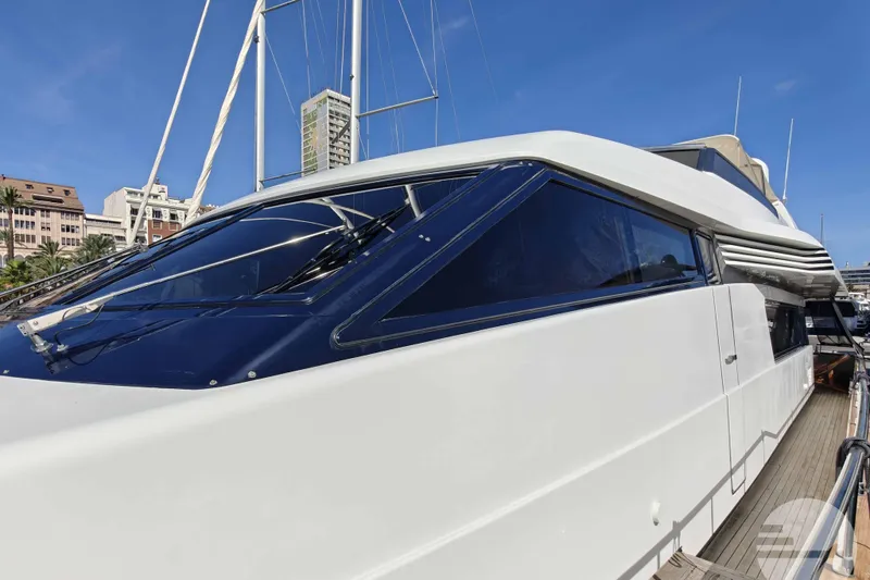  Yacht Photos Pics Sanlorenzo SL82 yacht, 1999 model, docked with sleek design and modern windows.