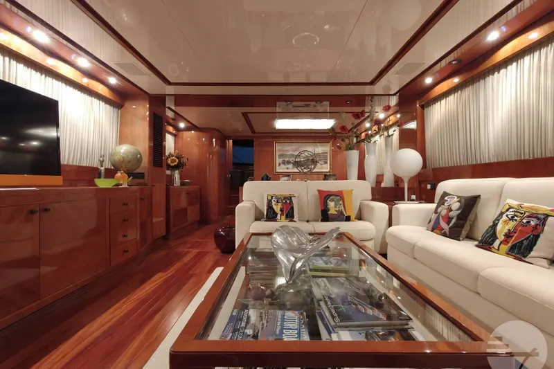  Yacht Photos Pics Luxurious interior of 1999 Sanlorenzo SL82 yacht with elegant decor and modern furnishings.