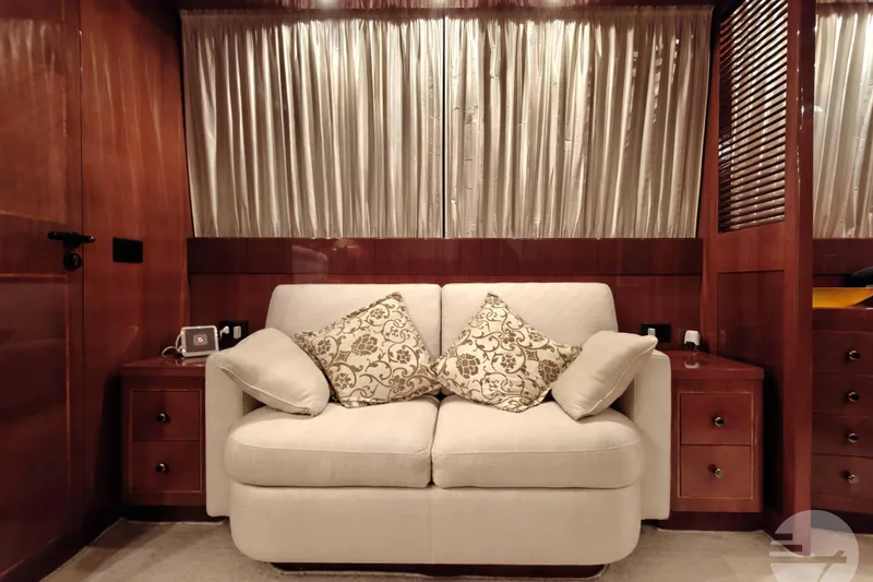  Yacht Photos Pics Luxurious Sanlorenzo SL82 yacht interior with elegant sofa and decorative pillows, 1999 model.