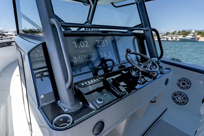  Yacht Photos Pics Control panel of 2025 Yellowfin 42 Offshore boat with advanced navigation system.