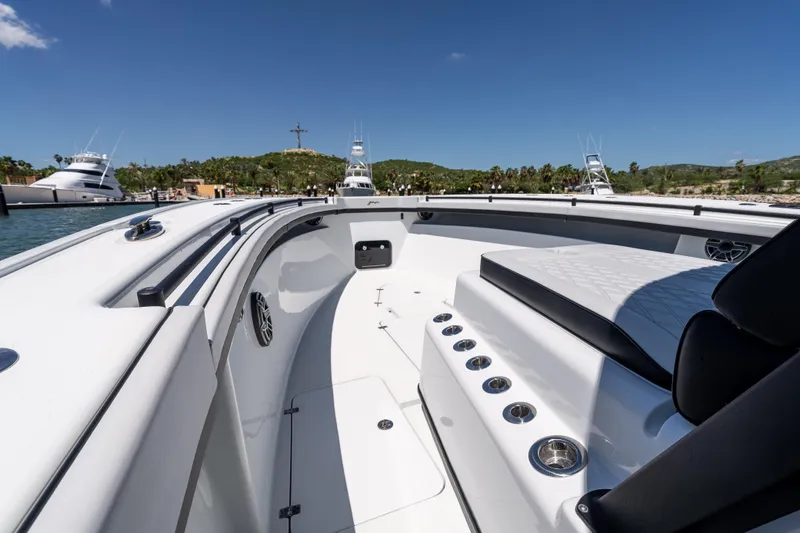  Yacht Photos Pics 2025 Yellowfin 42 Offshore boat interior with sleek seating and modern design.