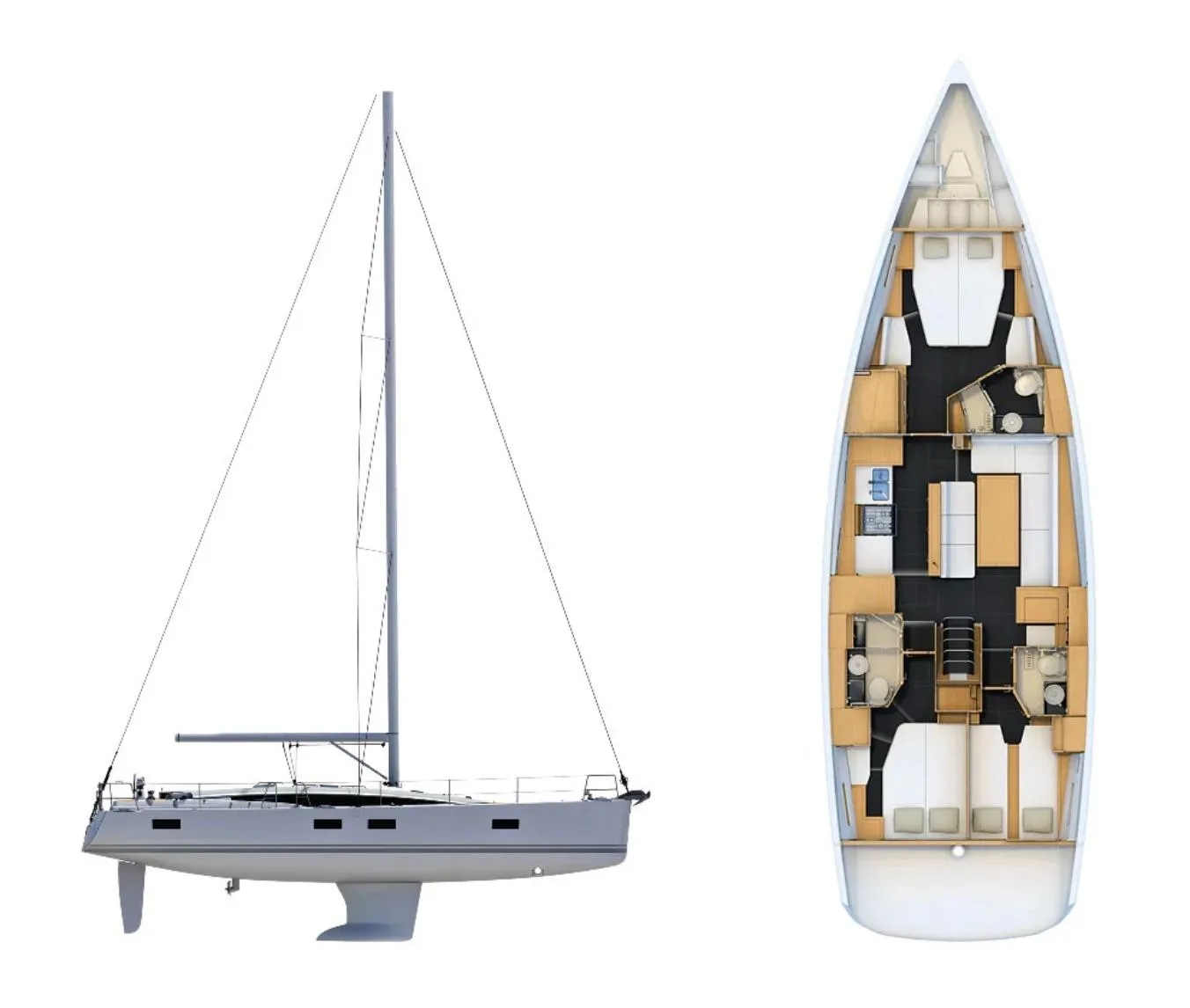 Jeanneau 54 sailboat 2016 model with detailed interior layout and side profile view.