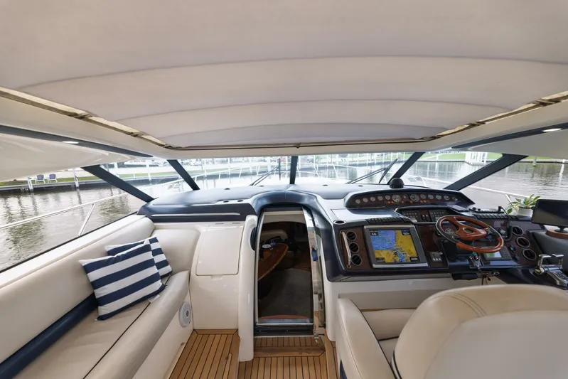 Blue Tang Gang Yacht Photos Pics 2005 Viking Princess 58V yacht cockpit with navigation equipment and seating.