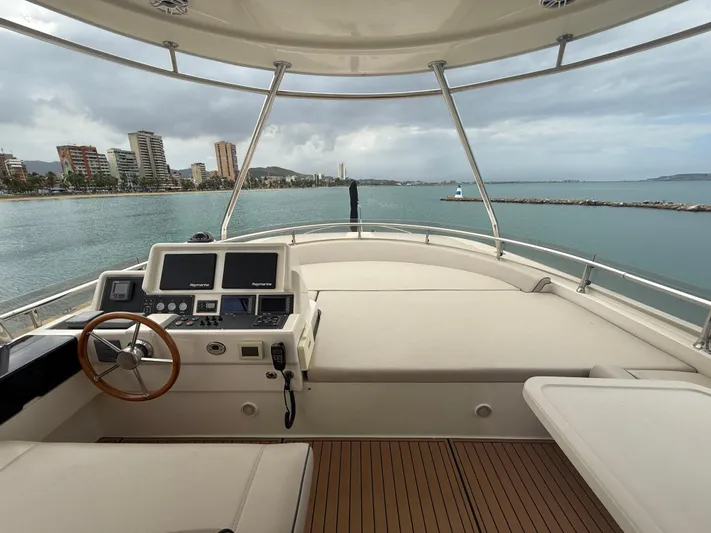  Yacht Photos Pics Flybridge view of 2011 Apreamare 65 MAESTRO yacht with cityscape and ocean backdrop.