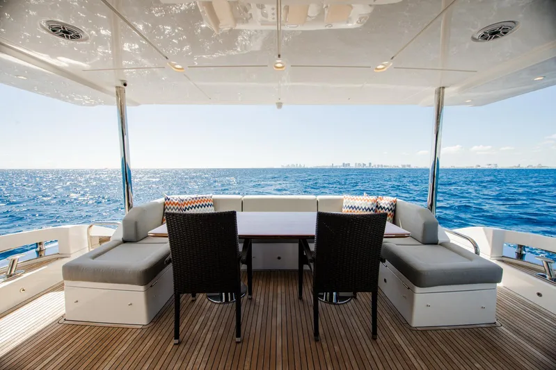 April Fools Yacht Photos Pics Azimut 80 Flybridge 2018 yacht deck with ocean view and seating area.