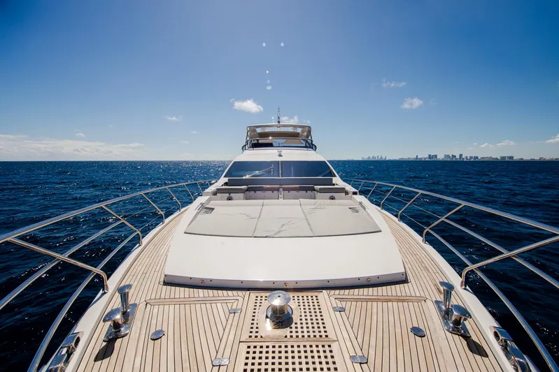 April Fools Yacht Photos Pics Azimut 80 Flybridge 2018 yacht cruising on open sea under clear blue sky.