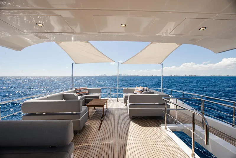 April Fools Yacht Photos Pics Luxurious 2018 Azimut 80 Flybridge yacht with spacious deck and ocean view.