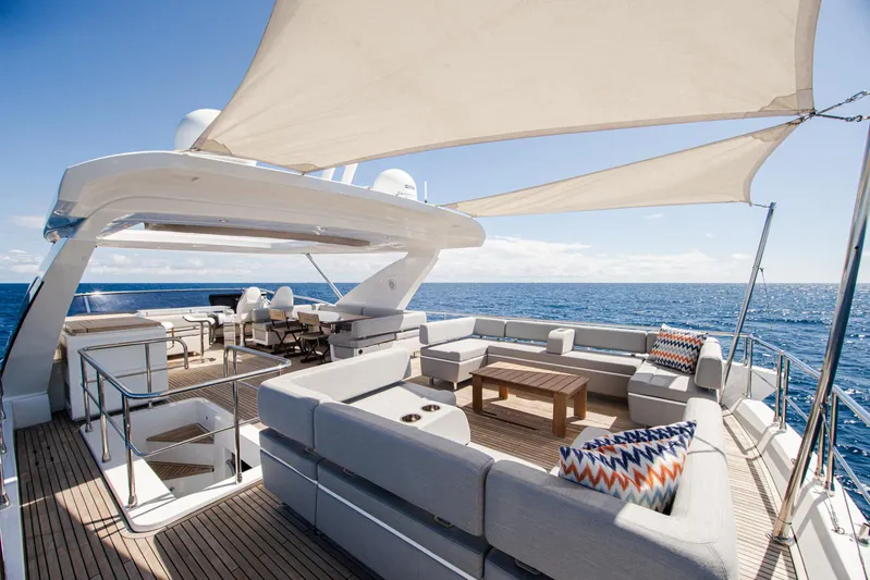 April Fools Yacht Photos Pics Luxurious 2018 Azimut 80 Flybridge yacht with spacious deck and elegant seating.