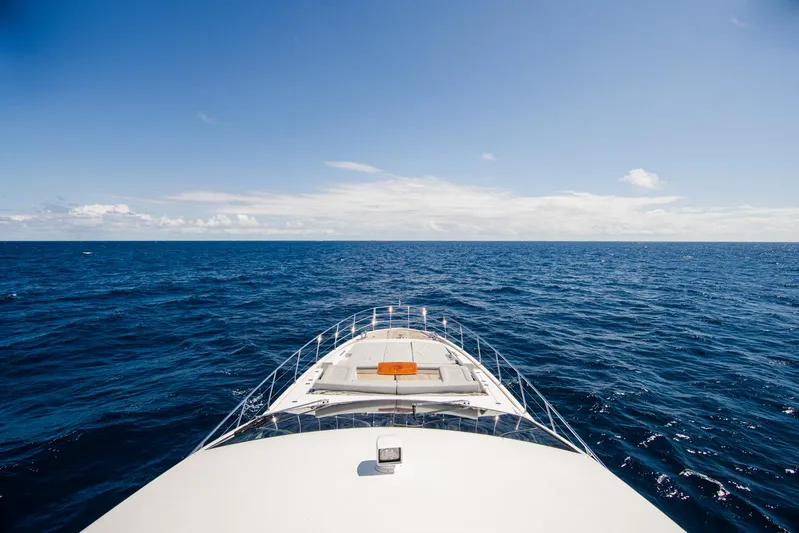 April Fools Yacht Photos Pics Azimut 80 Flybridge 2018 yacht cruising on open ocean under clear blue sky.