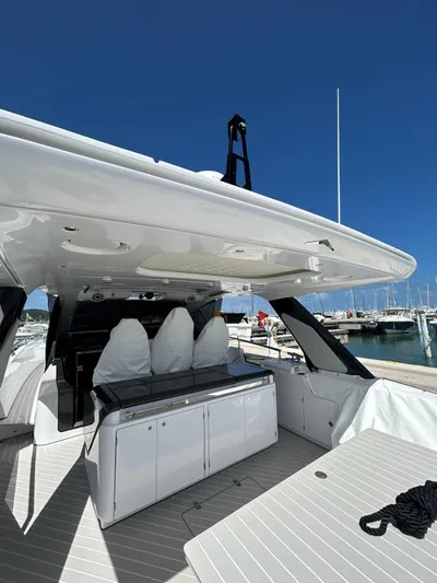 No Name Yacht Photos Pics 2024 Azimut Verve 48 yacht, sleek design, docked at marina under clear blue sky.