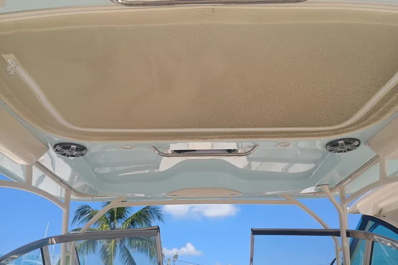 307-310 Yacht Photos Pics 2025 Grady-White Freedom 307 boat interior ceiling with speakers, tropical background.