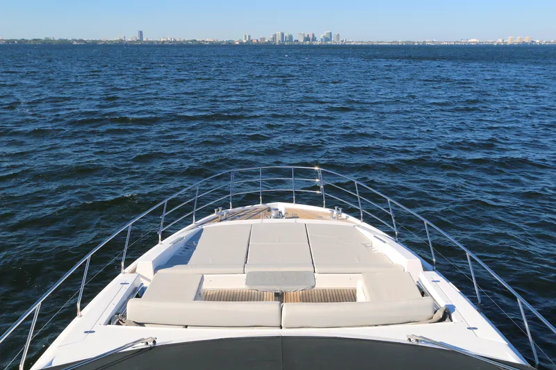 This Is It Yacht Photos Pics Azimut 72 Flybridge 2019 yacht cruising on open water with city skyline in background.