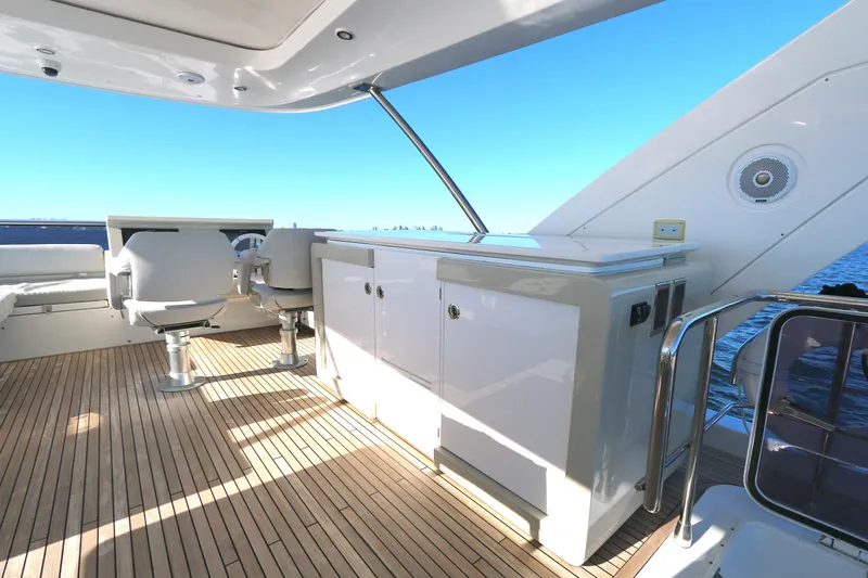 This Is It Yacht Photos Pics Azimut 72 Flybridge 2019 yacht deck with seating and cabinetry, overlooking the ocean.