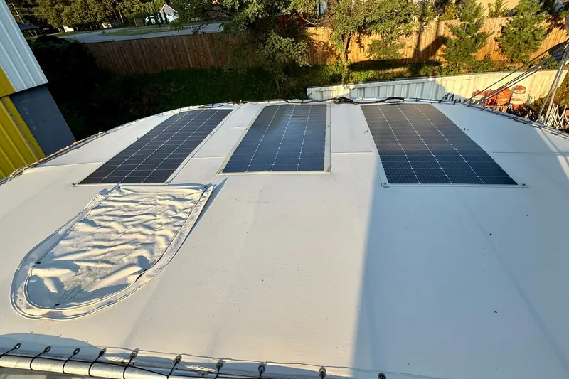 Thalassa Yacht Photos Pics Solar panels on 2005 Fountaine Pajot Bahia 46 catamaran deck.