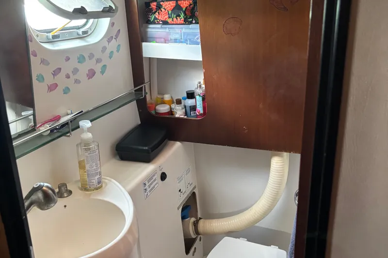 Thalassa Yacht Photos Pics Bathroom interior of 2005 Fountaine Pajot Bahia 46 catamaran with sink and toiletries.
