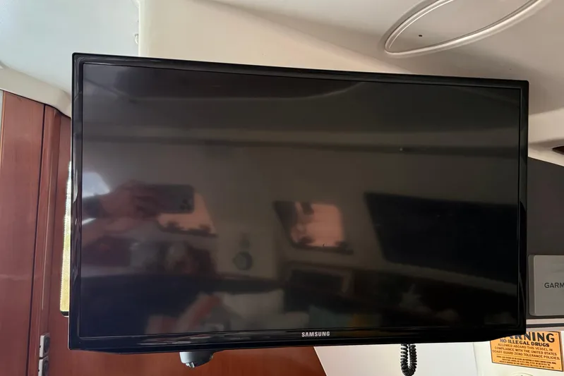 Thalassa Yacht Photos Pics Samsung TV inside 2005 Fountaine Pajot Bahia 46 catamaran cabin.