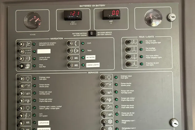 Thalassa Yacht Photos Pics Control panel of a 2005 Fountaine Pajot Bahia 46 catamaran, displaying navigation and service systems.