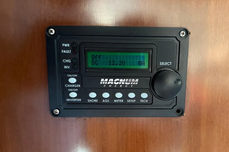 Thalassa Yacht Photos Pics Magnum Energy control panel on 2005 Fountaine Pajot Bahia 46 yacht.