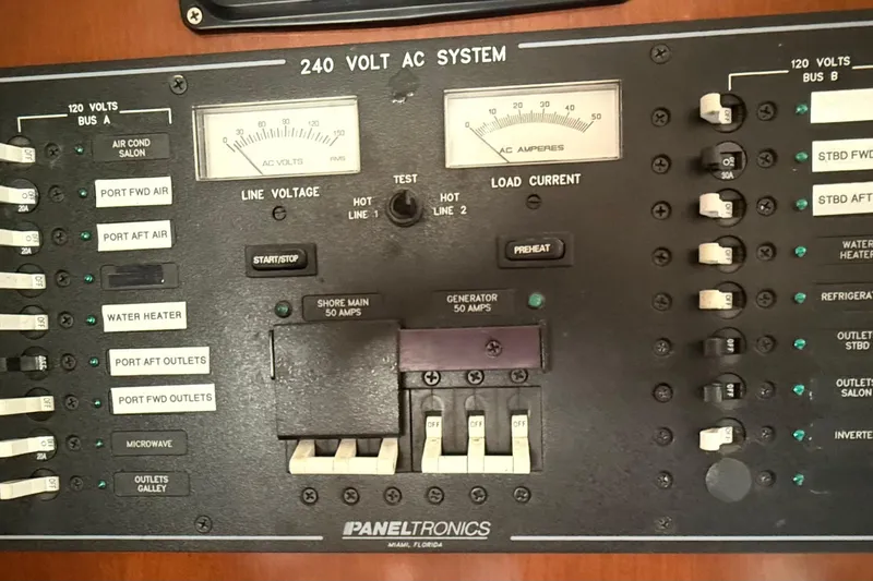 Thalassa Yacht Photos Pics Electrical panel of a 2005 Fountaine Pajot Bahia 46 catamaran, showing 240V AC system controls.