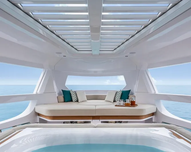  Yacht Photos Pics Luxurious interior of 2024 Ferretti Yachts Infinity 90 with ocean view and elegant seating.