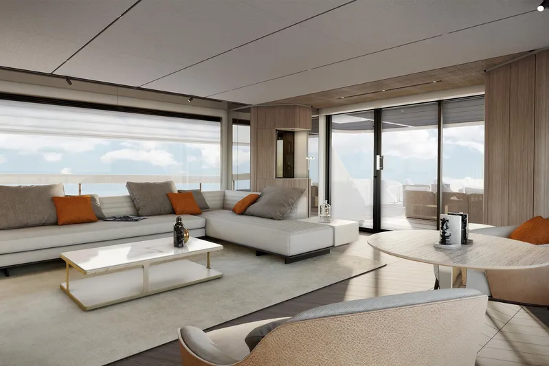  Yacht Photos Pics Luxurious interior of 2024 Ferretti Yachts Infinity 90, featuring modern design and elegant furnishings.