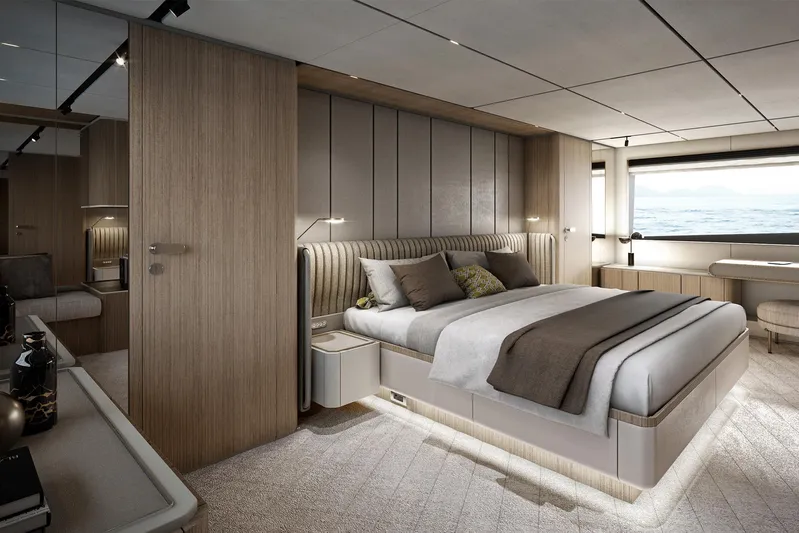  Yacht Photos Pics Luxurious bedroom interior of 2024 Ferretti Yachts Infinity 90 with ocean view.