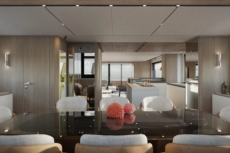  Yacht Photos Pics Luxurious interior of 2024 Ferretti Yachts Infinity 90, featuring elegant dining area and modern design.