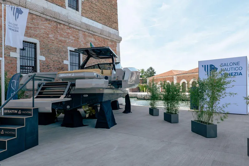 Evo R4 Wa Yacht Photos Pics 2024 Evo Yachts R4 WA displayed at Salone Nautico Venezia, outdoor exhibition setting.