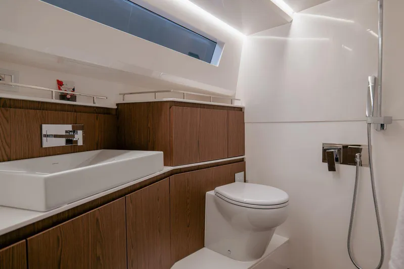 Evo R4 Wa Yacht Photos Pics Luxurious bathroom interior of 2024 Evo Yachts R4 WA with modern fixtures and sleek design.