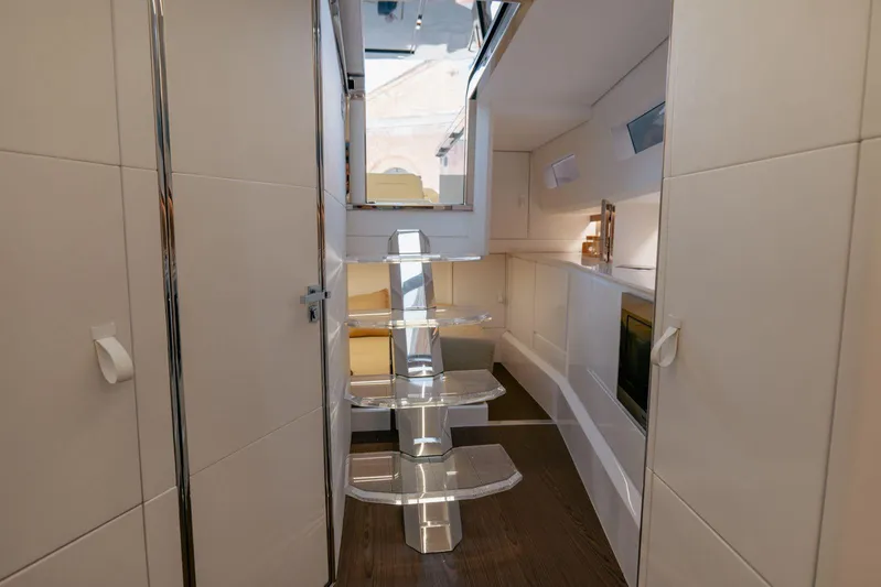 Evo R4 Wa Yacht Photos Pics Interior of 2024 Evo Yachts R4 WA, featuring modern design and sleek staircase.